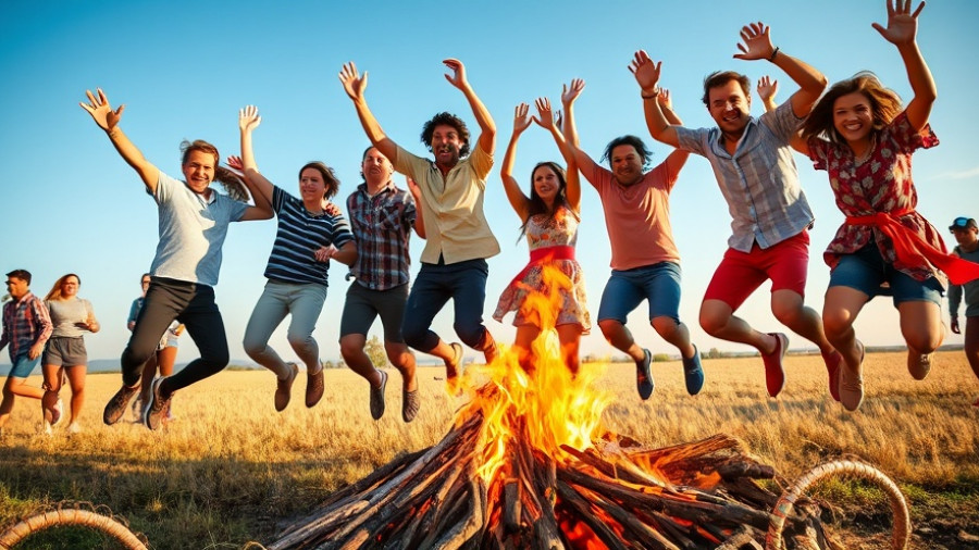 People celebrating Pagan culture by jumping over a bonfire outdoors.