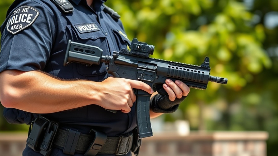 Police officer holding firearm amid foliage on bright day, Opioid Settlement Funds.