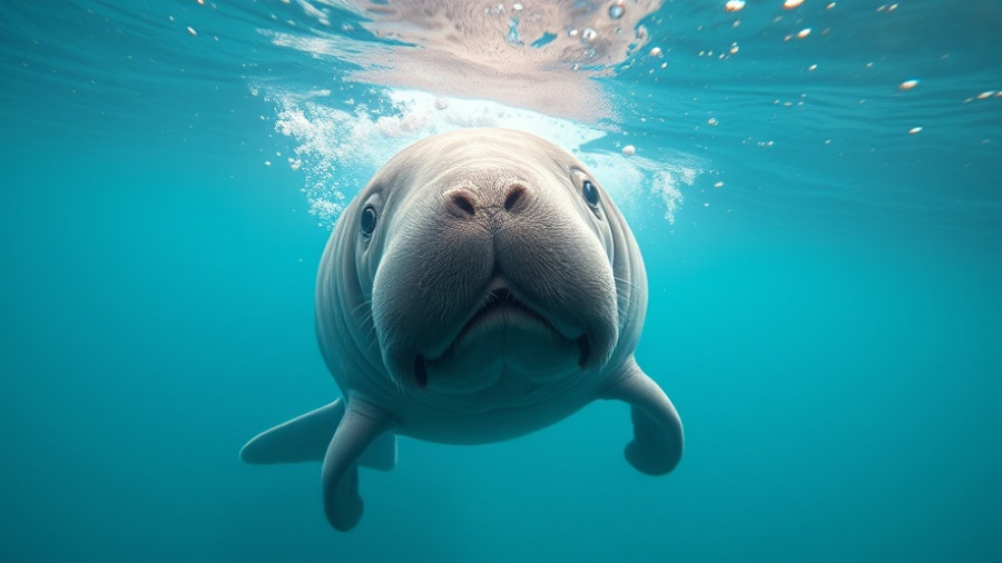 Manatee swimming underwater during Manatee Awareness Month, turquoise waters.