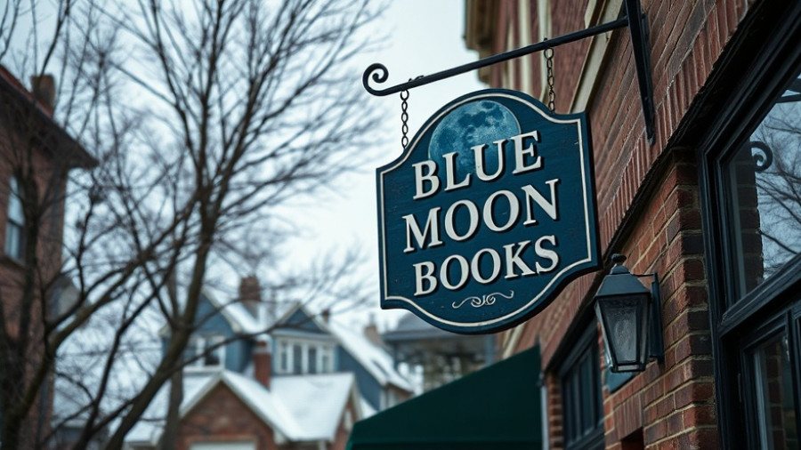 Blue Moon Books store sign on brick facade - best places for holiday shopping in Canton NC.