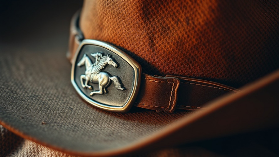 Detailed cowboy hat with silver buckle at Clint Orms Kerrville flagship store.