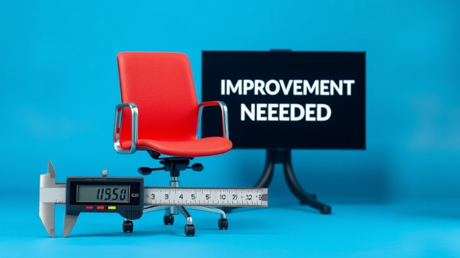 Digital caliper measuring office chair with 'Improvement Needed' for history of performance reviews.