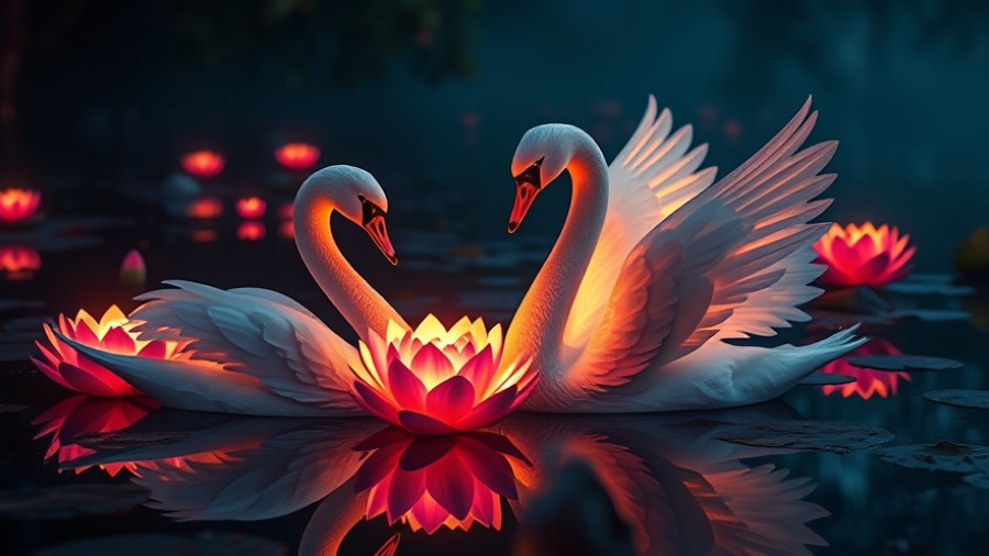 Illuminated swans and lotus flowers at Florida events in November 2025.