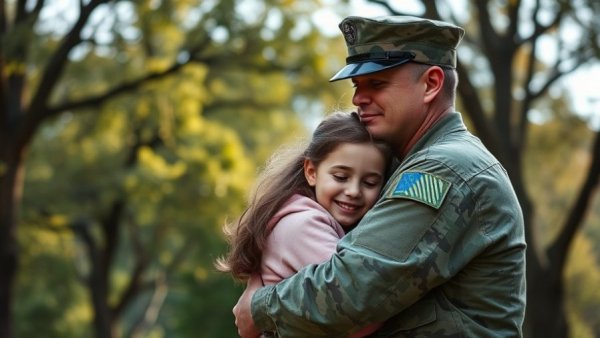 Military officer hugging a child outdoors, VA home loans context