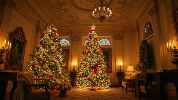 Elegant holiday-decorated room in Newport mansion with Christmas tree.
