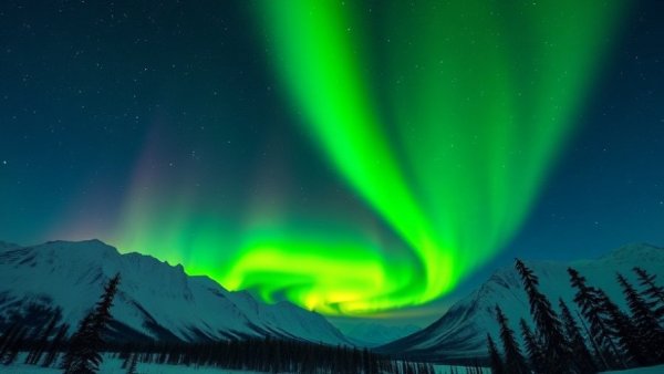 Northern lights over Alaskan mountains and trees, best viewed.