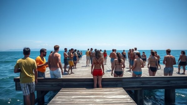Diverse group enjoying sun on a Sicilian pier, clear skies.