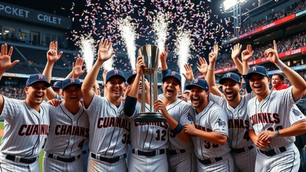 Team celebrates World Series win with trophy and fireworks.