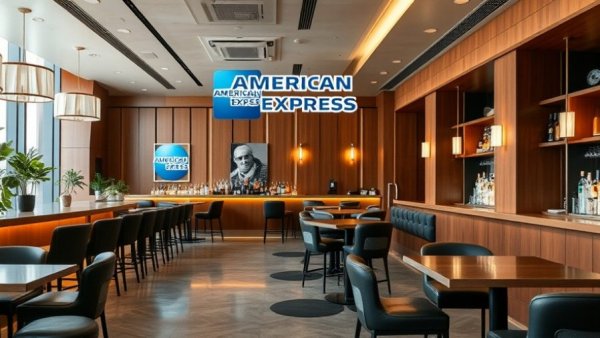 Modern lounge interior with American Express logo.