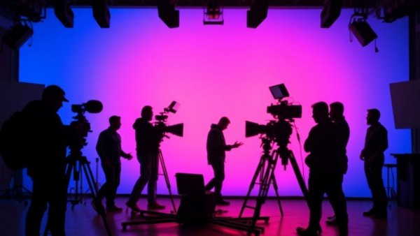 Camera crew silhouettes in a vibrant studio setting.