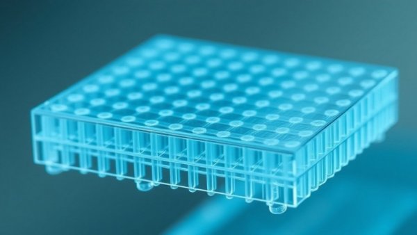 Detailed microfluidic sensor for sweat analysis in soft blue hues.