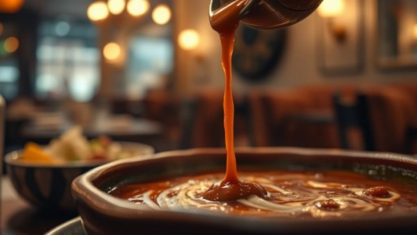 Creative Indian restaurant scene with sauce being poured over a dish.