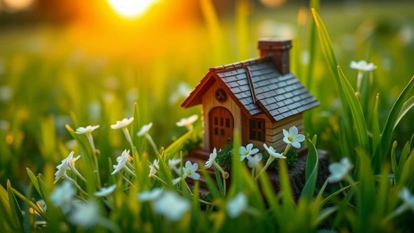 Miniature house and flowers in green field at sunrise, symbolizing land registry transformation.