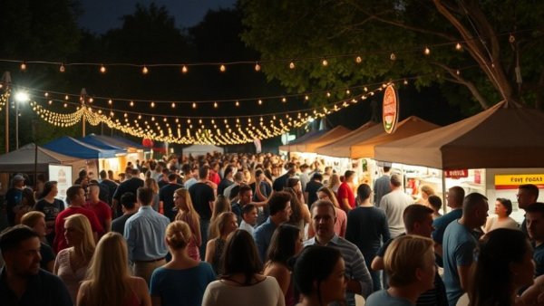 Vibrant night crowd at Cheer Up Charlies sale event, bustling atmosphere.