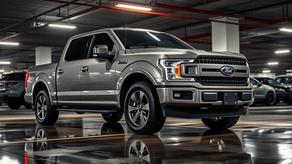 Ford F-150 Lightning in parking garage with water reflection.