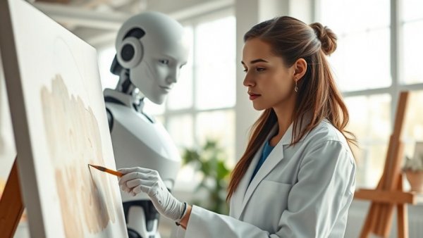 Young woman and robot painting in studio reflecting on AI performance benchmarks reliability.