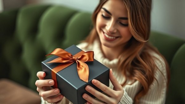 Cozy gift-giving scene with black box and brown ribbon, Corporate Holiday Gifting Strategies.