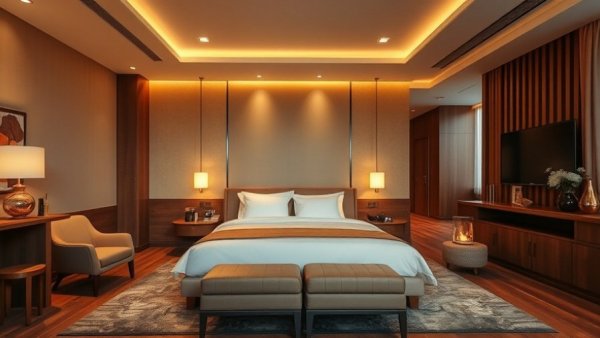 Luxurious hotel room with modern design and warm lighting.