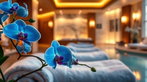 Luxurious spa setting with orchids and ambient lighting for AI-powered beauty booking.
