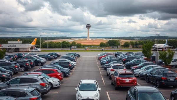 Airport parking lot and control tower, illustrating government shutdown impact.