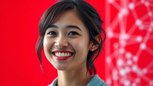 Young woman in tech innovation, smiling in vibrant red setting.