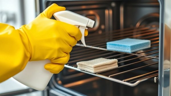 Hands in yellow gloves using kitchen cleaning hacks on oven racks.