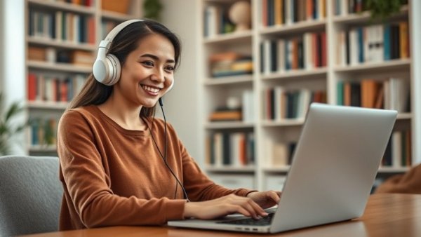 Smiling digital product entrepreneur working on a laptop in a cozy office.