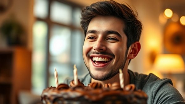 Smiling young man with birthday cake, ChatGPT and Mental Health Risks.