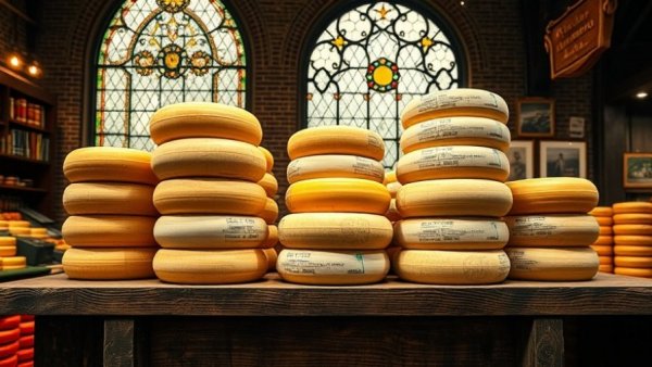 Gouda cheese market with traditional cheese wheels on display.