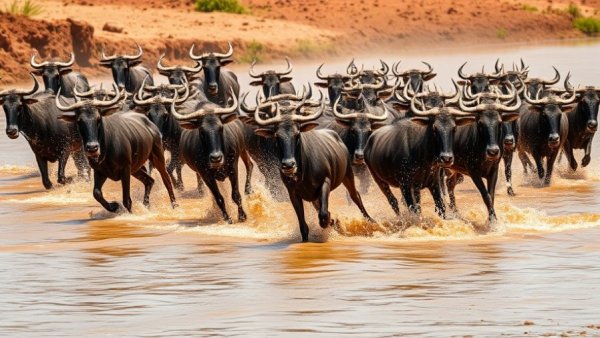 Wildebeests crossing river, Great Migration in Serengeti scene.