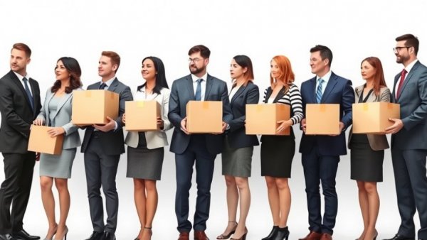 Business professionals in line with boxes, representing 1099 workers unemployment during federal shutdowns.