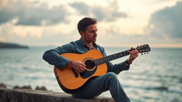 Jack Johnson playing guitar in a serene coastal setting for SURFILMUSIC tour.