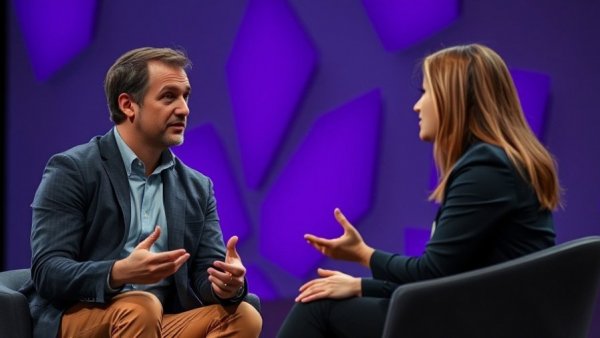 Thoughtful man gesturing during stage conversation, lighting highlights expressions.