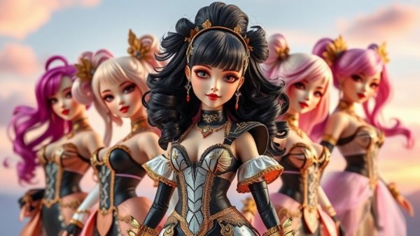 KPop Demon Hunters dolls with vibrant hairstyles posing.