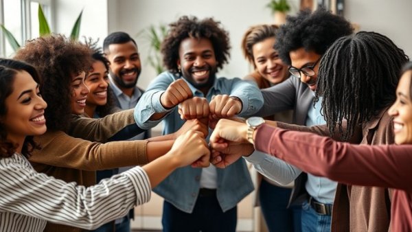 Diverse hands joining in unity on an office desk, managing neurodiverse teams effectively.