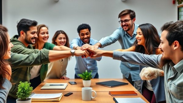 Diverse team fist bumping, symbolizing effective cooperation.