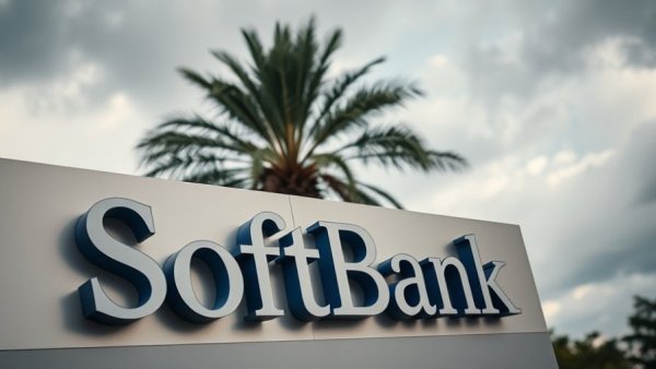 Close-up of SoftBank sign with cloudy sky and palm tree.