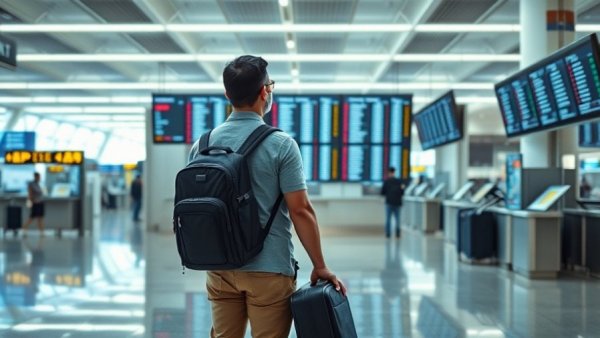 Traveler viewing mass flight cancellations at airport.