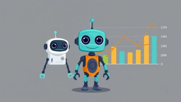 Teal robot with chart, minimalistic background.