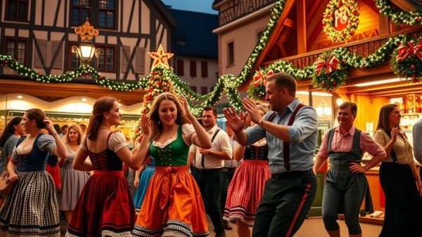 Lively Christmas market with dancers in traditional attire, Best Christmas Markets in the US.