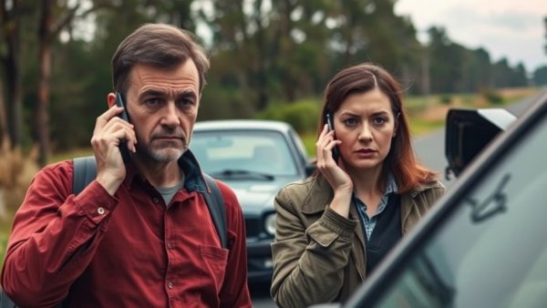 Car crash attorney assistance scene with individuals at accident site.