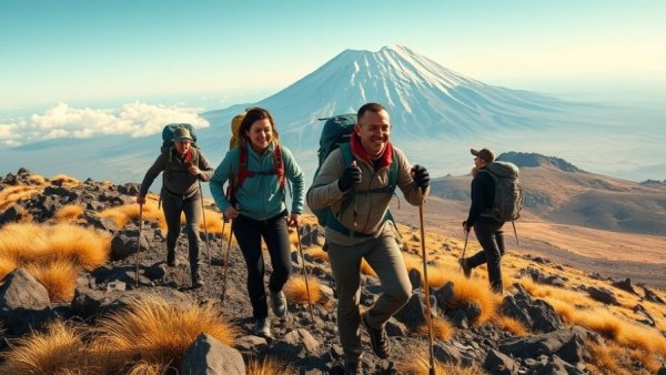 Hikers climbing Mount Kilimanjaro with snow-capped peak.