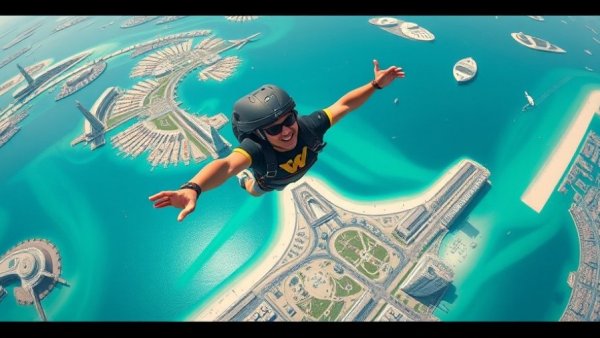 Skydiver over Palm Jumeirah in Dubai, showcasing thrilling adventures.