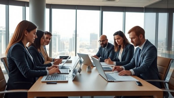 Professionals reviewing documents in a modern office meeting for pre-employment screening.