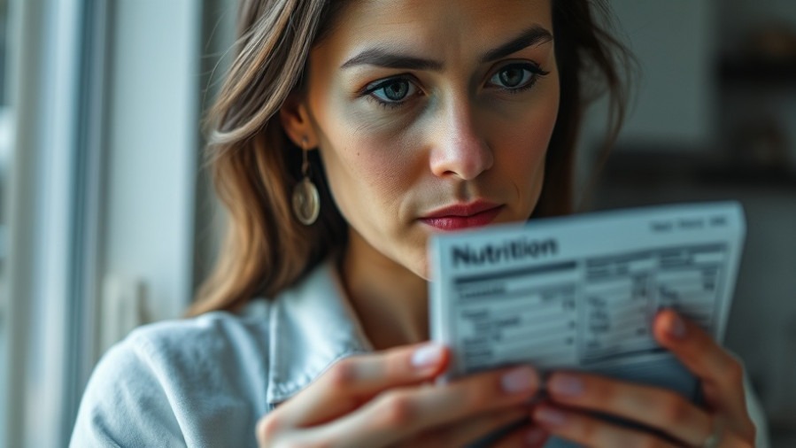 Concerned woman reading food label, focusing on food safety and chlorohydrin contaminants.
