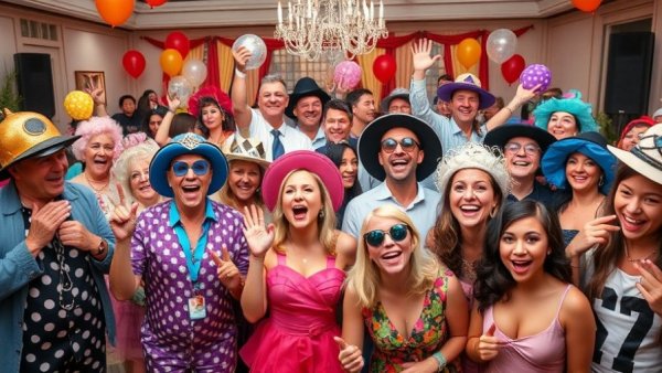 People celebrating at Howard Hanna Allen Tate Realtors Public Education Fundraiser in retro costumes.