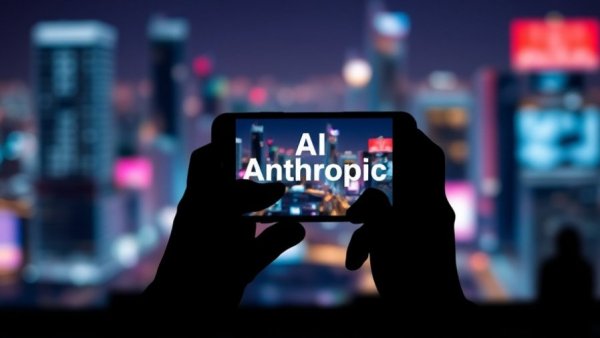 Silhouette holding phone showing 'AI Anthropic', vibrant city lights.
