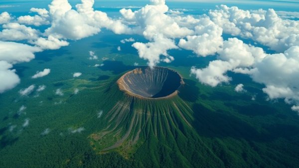 Majestic volcanic crater in El Salvador surrounded by clouds and forests.