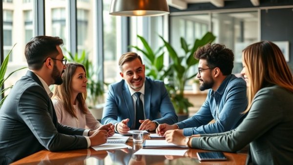 Business team discusses automated payroll solutions in modern office