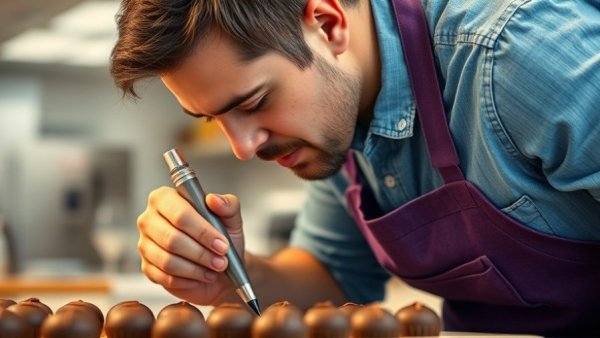 Northern Irish food revolution: Man decorates chocolates with precision.